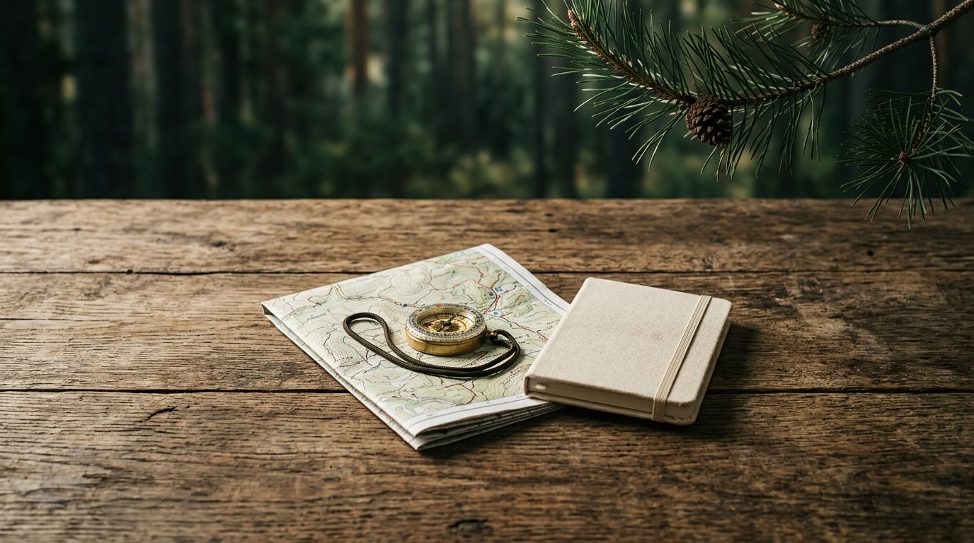 Trail map, compass, and notebook used to plan a hiking day
